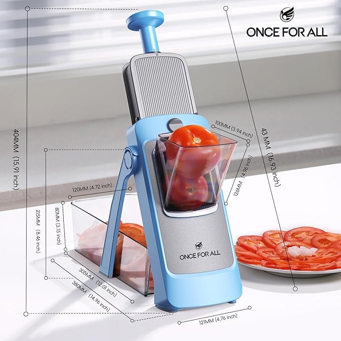 ONCE FOR ALL Safe Mandoline Slicer Pro, 4th Gen, Adjustable Thickness Vegetable Slicer For Kitchen, Food Chopper With Container, Veggie Chopper Cutter For Potato Onion Fruit, Blue