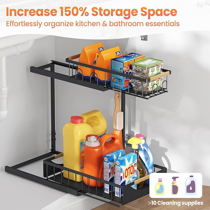 2 Pack 2 Tier Under Sink Organizer and Storage for Bathroom and Kitchen - Under Cabinet Pull Out Shelf Organizers - Sliding Out Drawer Organization for Home Cabinets Shelves and Drawers