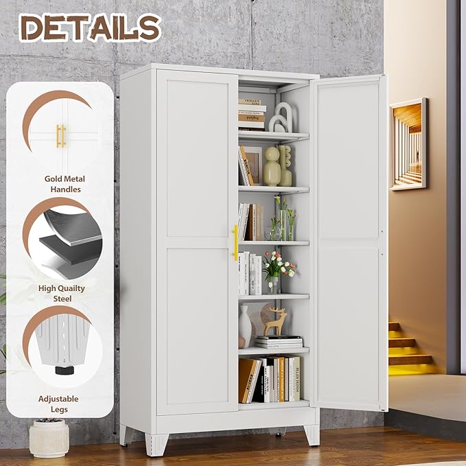 winiowa Tall Metal Kitchen Pantry Storage Cabinet with 2 Doors and 5 Adjustable Shelves - 75.2" Kitchen Cabinet with Gold Handles for Kitchen, Bathroom, Dining Room, Living Room - White