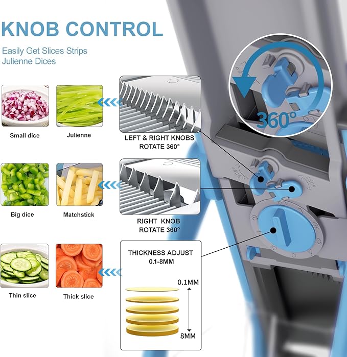 Safe Mandoline Slicer for Kitchen, 6 in 1 Vegetable Chopper, French Fry Cutter For Potatoes, Potato Slicer,Food Chopper,Adjustable Thickness 0.1-8 mm, With Peeler/Cleaning Brush (Blue)