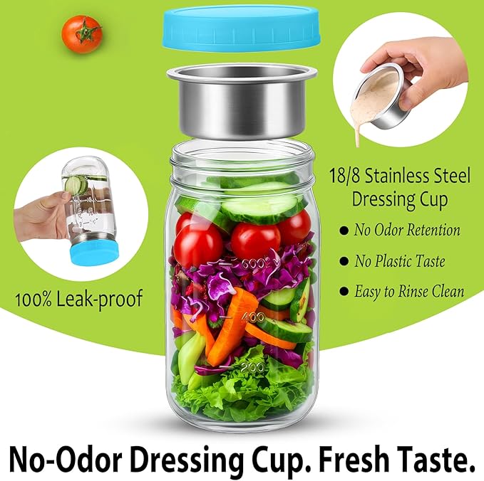 KTKUDY 2 Pack 32 oz Glass Salad Jars with Dressing Cups (Pod) - Meal Prep Salad Container for Lunch - Leakproof Mason Jars with Lids