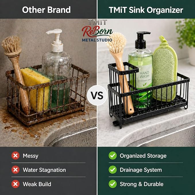 Kitchen Sink Caddy Matte Black, Stainless Steel Sponge Holder with Drainage Tray, Sink Organizer for Sponges, Brushes & Soap, Countertop Storage Rack, 9.4 x 4.7 x 6.5 Inch