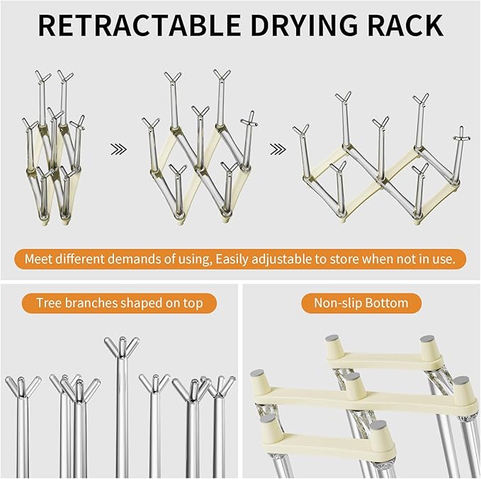 Marbrasse Retractable Cup Drying Rack, Drinking Glass and Sports Bottle Drainer Stand, Plastic Bag Dryer with Non-Slip Bottom for Kitchen Countertop, 2p - White