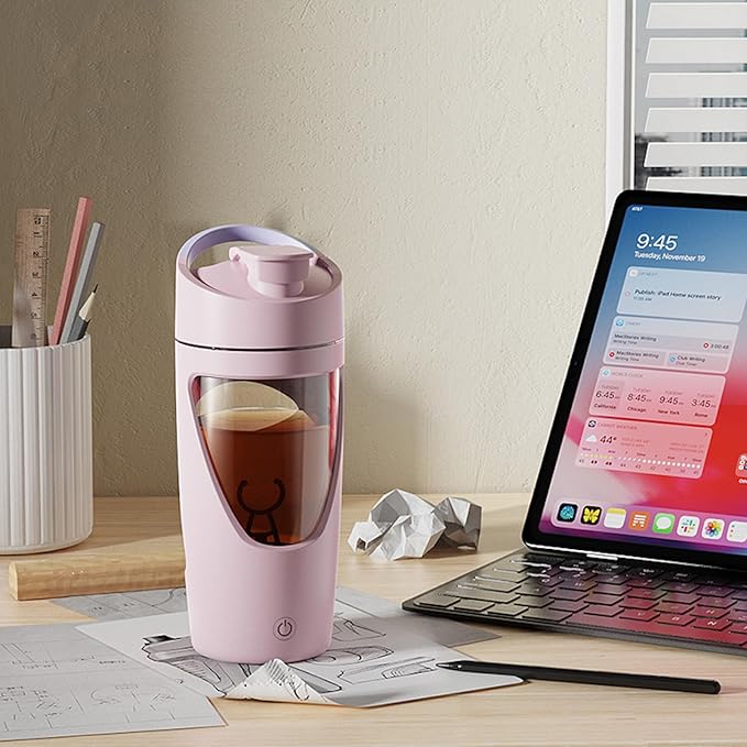 Electric Protein Shaker Bottle with Storage, 24oz USB-C Rechargeable Protein Shaker Cup, BPA-Free Tritan, Leak-Proof Portable Mixer Bottle for Gym, Travel（Pink）