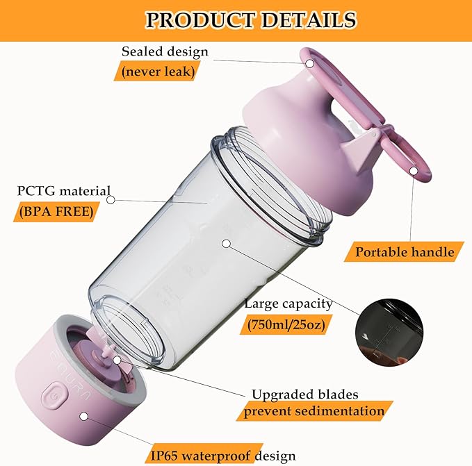 JOTER & LIBEAR Electric Protein Shaker Bottle, USB Rechargeable Pulse Protein Shake Mixer, Shaker Bottles for Protein Mixes and Meal Replacement Shakes, BPA Free, Waterproof, 25 oz (Pink)