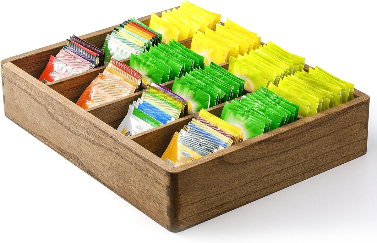 Wooden Tea Bag Organizer for Drawer, 12 Compartments, Brown