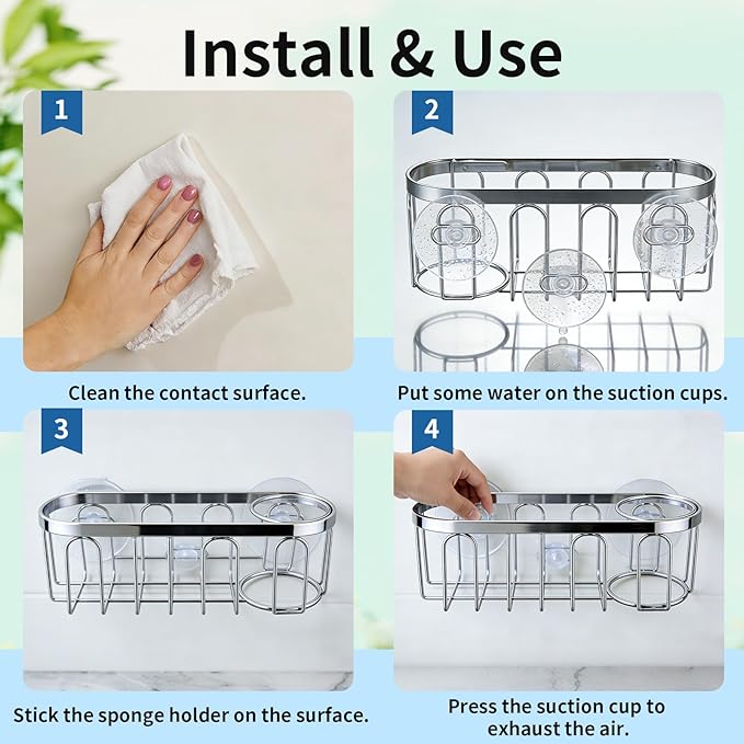 2-in-1 Sponge Holder for Kitchen Sink, Sink Caddy Kitchen Sink Organizer with 3 Suction Cups, No Drill Rustproof Sink Sponge Holder for Dish Brush, Soap & Sponge (Gold)