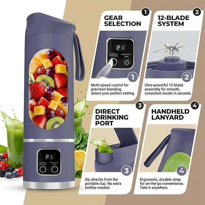 Portable Personal Electric Blender，500ML Portable Shakes and Smoothies Blender，12 Blades USB Rechargeable Small Blenders、Mixing、Compact、Convenient and Versatile (Purple)
