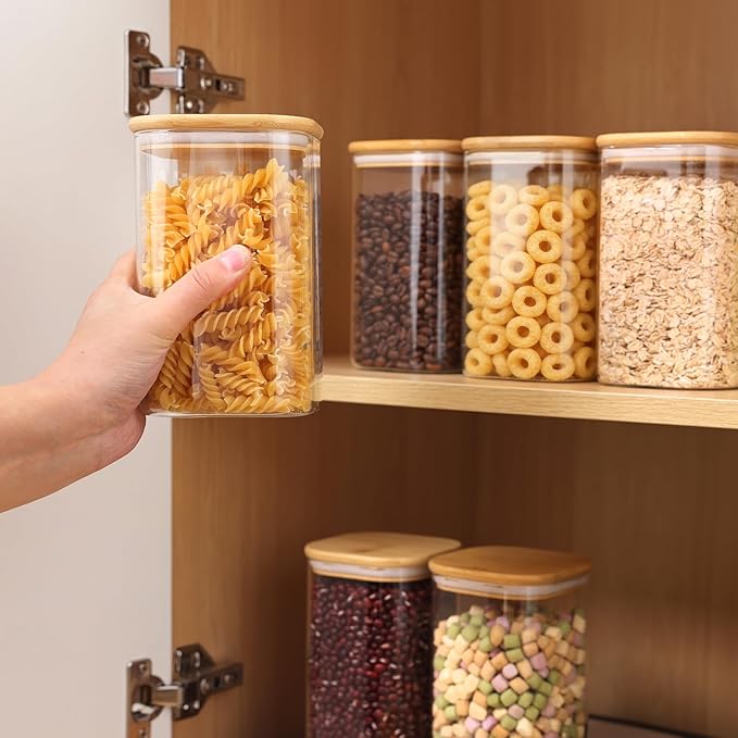 Moretoes 6 Pack 1.2qt Square Glass Storage Containers with Bamboo Press Lids, Airtight Pantry Storage Jars for Flour, Sugar, Dry Goods