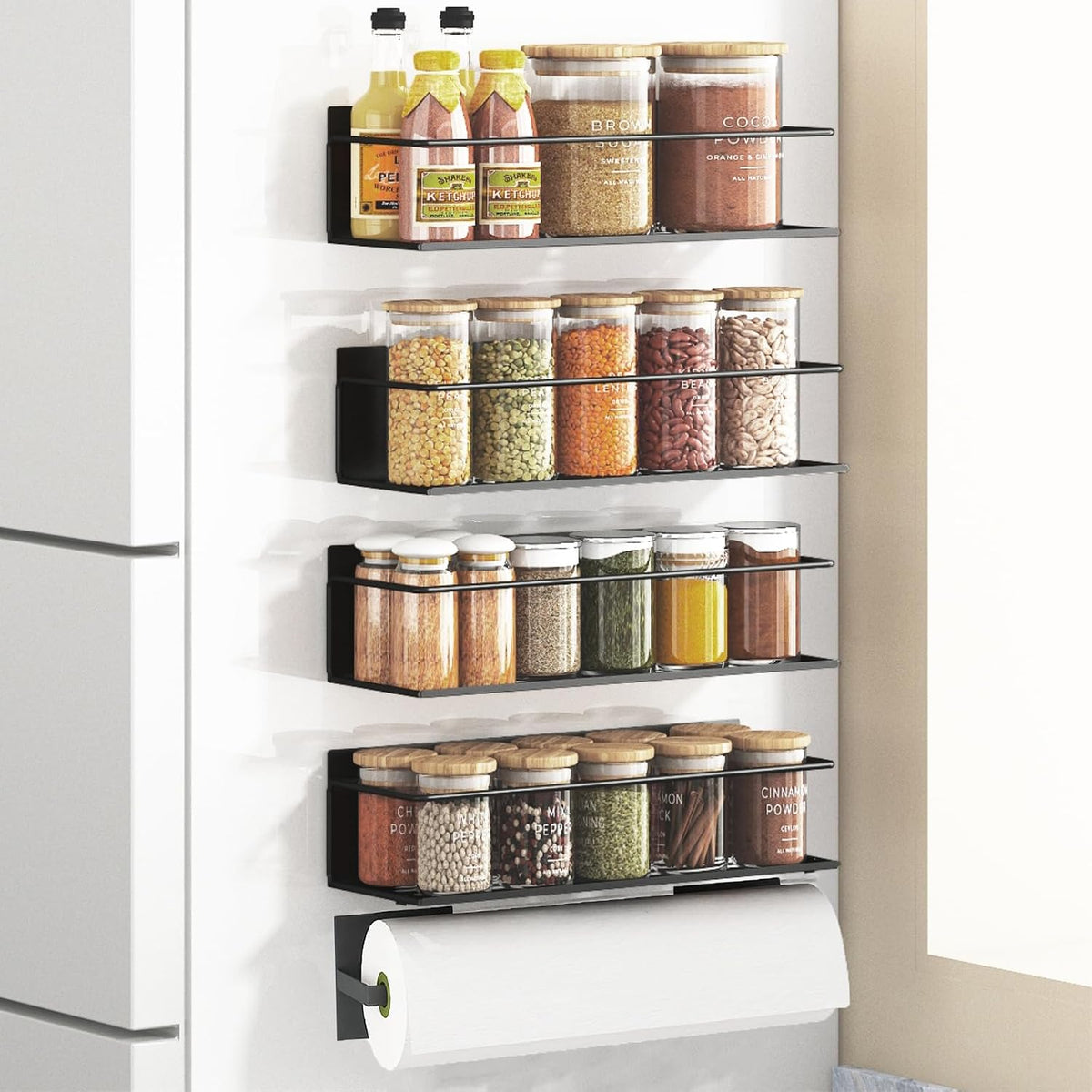 Magnetic Spice Rack For Refrigerator, Magnetic Fridge Shelf For Kitchen, Magnetic Shelf For Fridge Space Saving Black 4 Pack With Magnetic Paper Towel Holder
