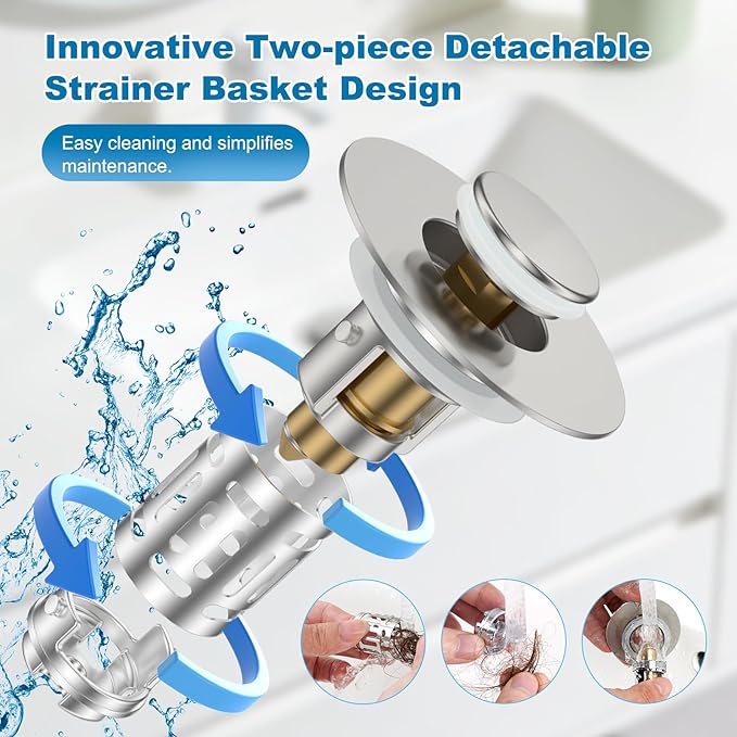 Hibbent Universal Bathroom Sink Drain Strainer, Upgraded 3 in 1 Pop Up Stopper, Removable Stainless Steel Filter Basket, Brass Bullet Core, Hair Catcher Sink Plug for 1.1''~2.36'' Hole, Brushed Nickel