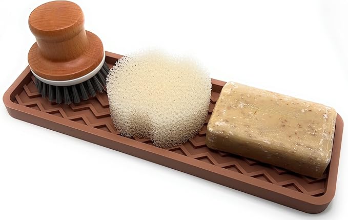 Silicone Sink Organizer Tray, Rectangular, Modern Style, Heat Safe, Dishwasher Safe, for Bathroom and Kitchen Organization (Mocha, 12"x4", Chevron Pattern)