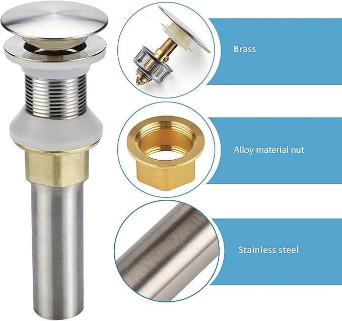 Rockgoya Bathroom Sink Drain,2 Pack Drain Stopper Bathroom Sink Without Overflow,Pop Up Drain Assembly with Detachable Strainer Basket,Built-in Anti-Clogging Strainer,Stainless Steel Brushed Nickel