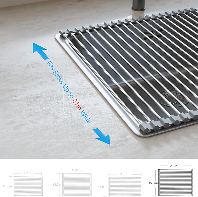 Tomorotec Roll Up Dish Drying Rack Over the Sink Grey Large Dish Drying Rack Rolling Foldable Collapsible SUS304 Stainless Steel Multipurpose Dish Drainer for Kitchen Counter (21”x15.7”)