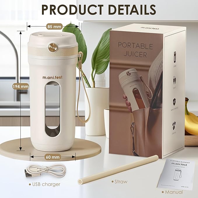 M.ani.fest Portable Blender 350ml – USB Rechargeable Mini Juicer Cup with Type-C, Upgraded Motor, Personal Smoothie Maker for Travel, White