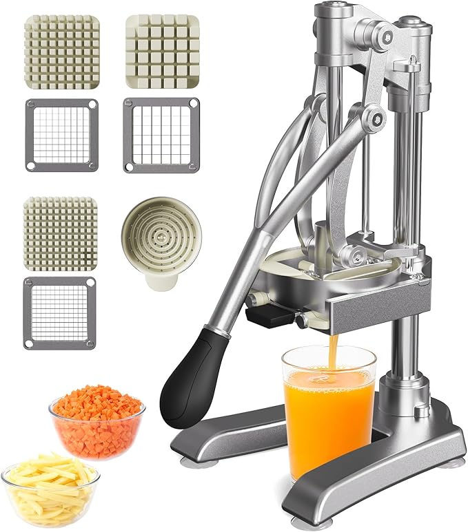 2-in-1 Commercial Juicer & Vegetable Chopper – Heavy Duty Cast Iron Manual Citrus Press with Stainless Steel Food Dicer, French Fry Cutter, 1/2" 3/8" 1/4" Blades for Potatoes