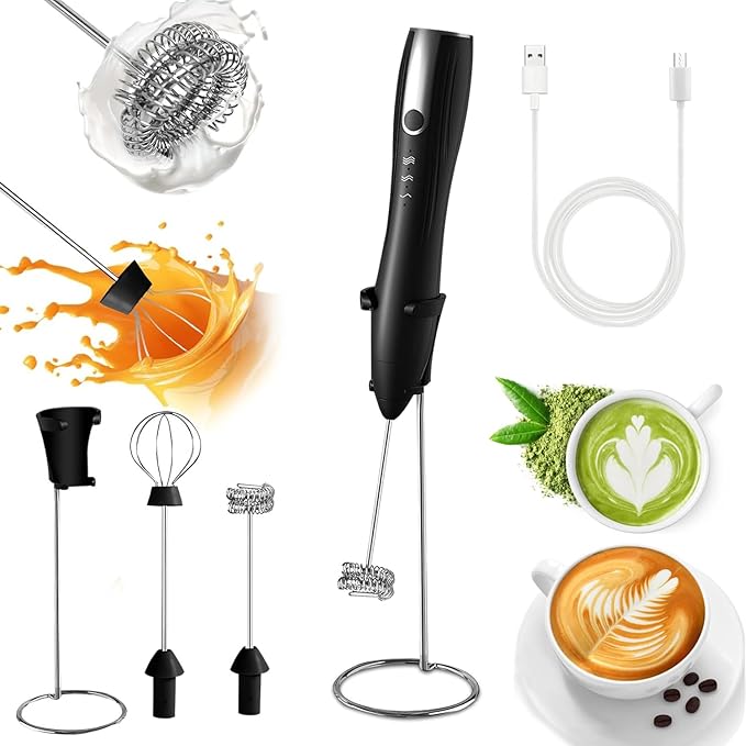 Rechargeable Handheld Milk Frother with Stand, Coffee Foam Frother Wand, Detachable Stainless Steel Whisk Drink Mixer for Coffee, Cappuccino, Lattes, Frappe, Matcha,Egg and Hot Chocolate (Black)