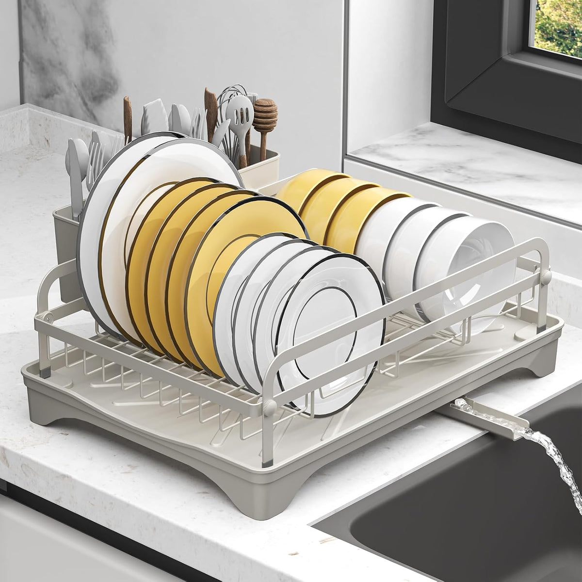 Dish Drying Rack,Dish Racks for Kitchen Counter,Metal Dish Drainer with Adjustable Drainage Spout,Removable Knife and Fork Holder (Grey)