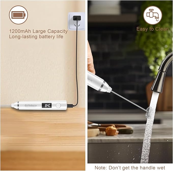 Philorn Milk Frother Wand Handheld Rechargeable Electric Whisk Coffee Drink Mixer, Mini Foamer for Lattes, Cappuccino, Frappe, Matcha, Hot Chocolate, Protein Powder, Keto Diet (White 2 Heads)