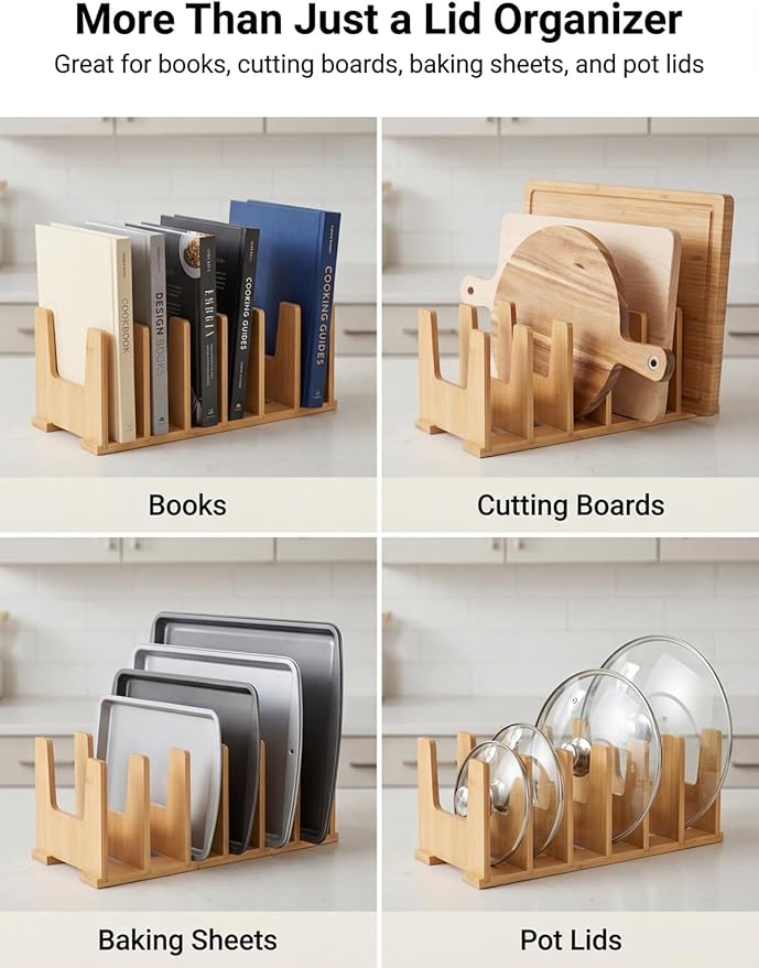 2 Pack Bamboo Pot Lid Organizer Rack, 14" x 7" x 5" Bamboo Pan Lid Holder with 2" Spacing Dividers, Keeps Lids Upright, Pot Lid Organizer for Drawer & Cabinet, Caraway Lid Organizer