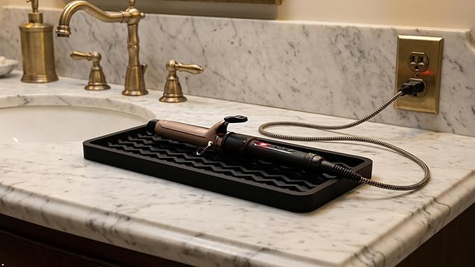 Silicone Sink Organizer Tray, Rectangular, Modern Style, Heat Safe, Dishwasher Safe, for Bathroom and Kitchen Organization (Black, 12"x4", Chevron Pattern)