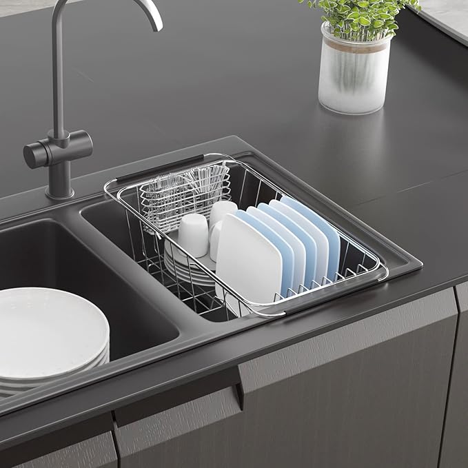 JAQ Over Sink Dish Drying Rack for Small Sink, Compact Expandable 14.25"–22.44", Adjustable 304 Stainless Steel Dish Drainer with Utensil Holder, Space Saving for Small Kitchen