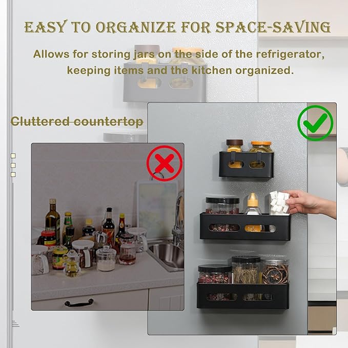 Magnetic Spice Storage Refrigerator Rack Seasoning Organizer Wall-Mounted Shelf with Hook for Kitchen Bathroom Organization (6, Black)