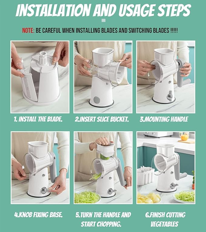 5 In 1 Rotary Cheese Grater Vegetable Slicer for Kitchen, Carrot Shredder Tool-Food Shredders with 5 Sets Interchangeable Blades And Strong Suction Base (White)
