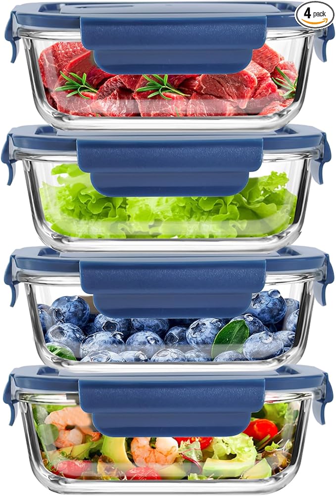4Pack 13oz/0.37L Glass Meal Prep Containers with Lids, Glass Storage Containers with Lids, BPA-Free, Pantry Organizers and Storage, Freezer to Oven Safe (Blue)