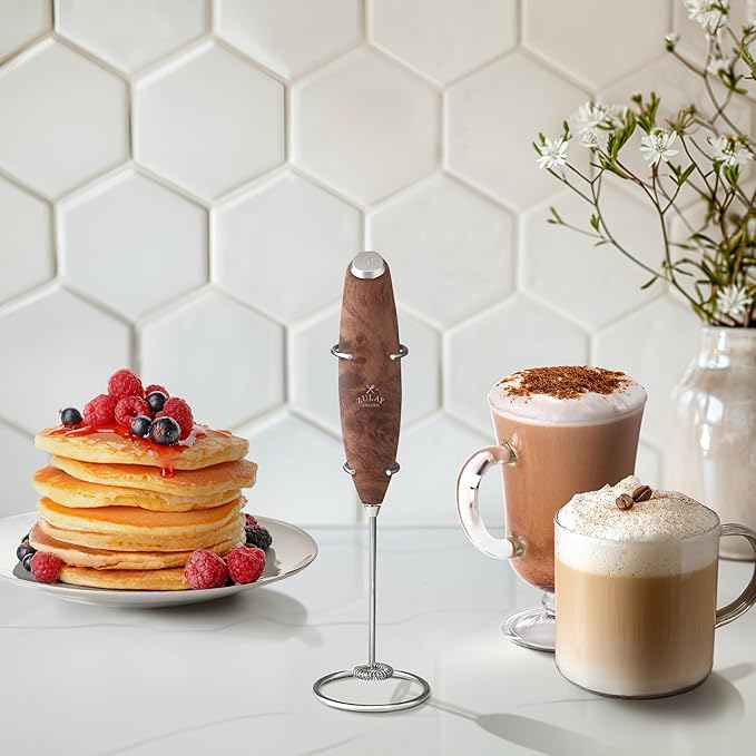 Zulay Kitchen Powerful Milk Frother Wand With Duracell Batteries - Ultra Fast Handheld Drink Mixer - Electric Whisk Foam Maker for Coffee, Lattes, Cappuccino & Matcha - Z1 Motor - Walnut