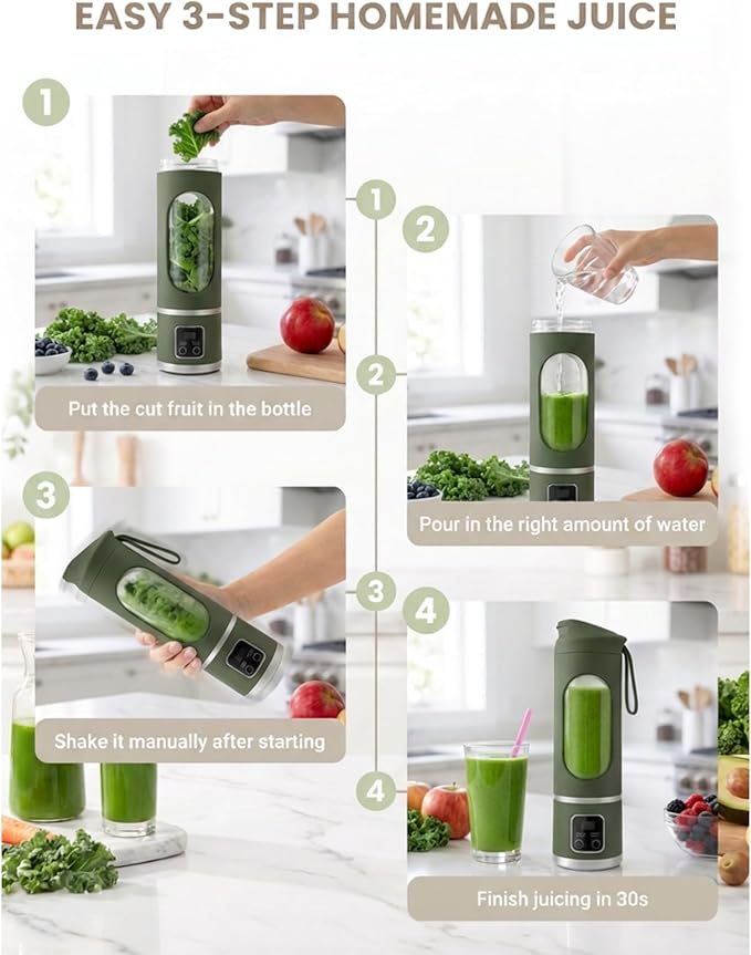 Portable Personal Electric Blender，500ML Portable Shakes and Smoothies Blender，12 Blades USB Rechargeable Small Blenders、Mixing、Compact、Convenient and Versatile (Green)