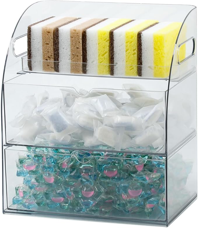 Clear Kitchen and Pantry Organizer with Drawer, Plastic Trash Bags and Dishwasher Pods Dispenser Holder Under Sink, Large Storage Container with Handle for Laundry and Bathroom