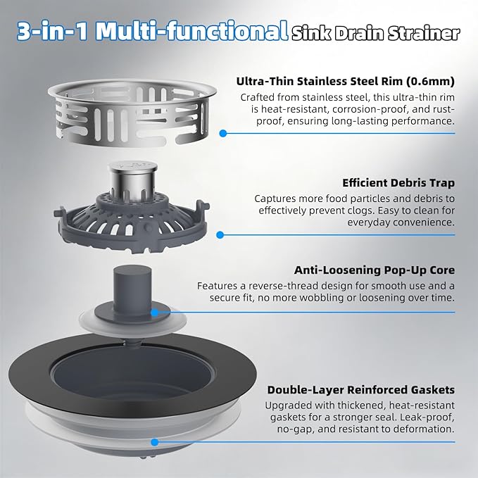 Hibbent Upgraded 2 Pack 3 in 1 Kitchen Sink Drain Strainer, Stainless Steel Pop Up Sink Stopper, Larger Anti-Clogging Basket, 3-Layer Seal, Detachable Plug for US Standard 3-1/2" Drain, Matte Black