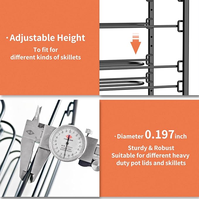 JAQ Pots and Pans Organizer, 13.18 inch Heavy Duty Pot Lids Rack Holder Adjustable Height for Muffin Tins, Baking Sheets, Skillets,Cookware,Bakeware in Cabinets Shelf Countertop Pantry-Black