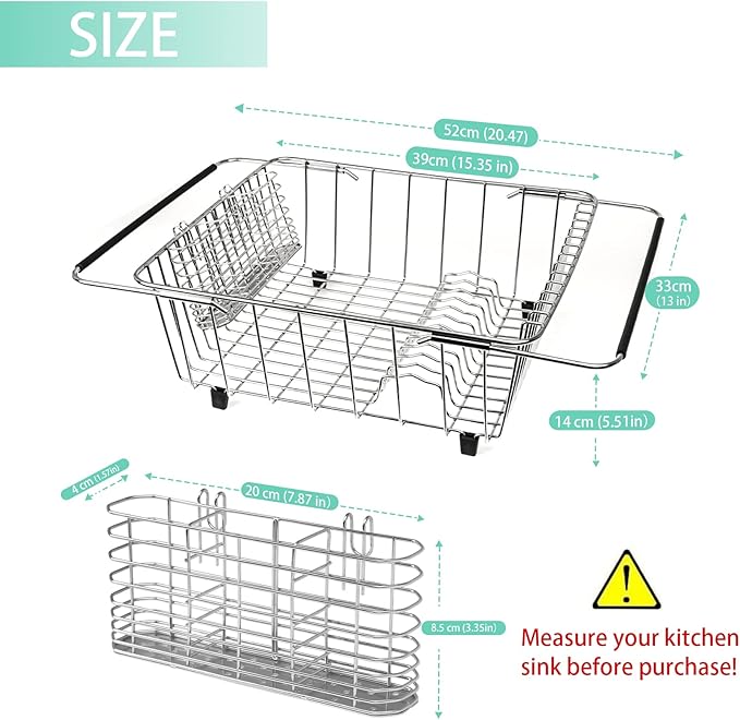 Sink Dish Drainer Rack, Expandable 304 Stainless Steel Dish Drying Rack Organizer with Stainless Steel Utensil Rack, Adjustable 15.35" to 20.47" Inside The Sink (up to 13 Upright Utensils).