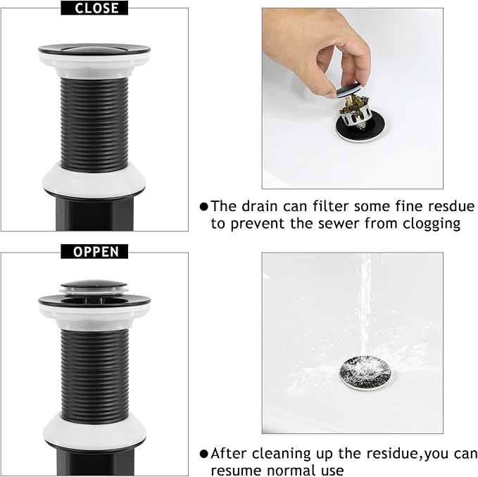Bathroom Sink Drain,2 Pack Matte Black Drain Stopper Without Overflow,Small Cap Pop Up Drain Assembly with Detachable Strainer Basket,Built-in Anti-Clogging, Stainless Steel Nut