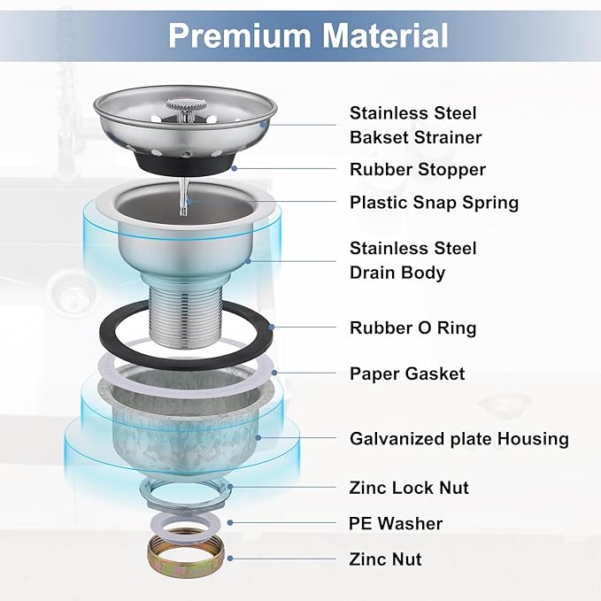 ZM Kitchen Sink Stainless Steel Deep Locking Basket Strainer with Drain Assembly, 3-1/2 Inch Sink Drain Stopper Plug