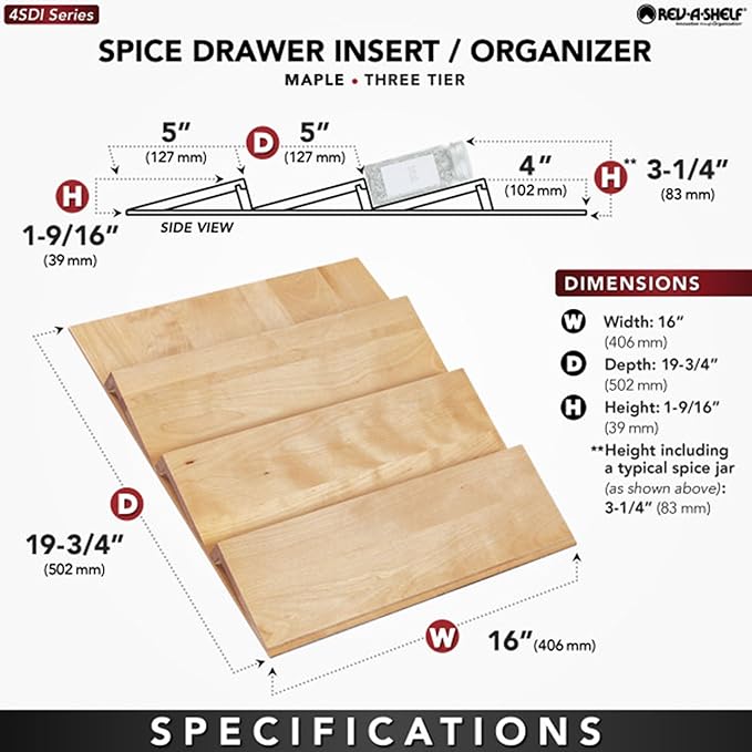 Rev-A-Shelf 3-Tier Wood Trim-to-Custom-Fit Spice Rack Drawer Insert, 16" x 19.75", Maple - Drop-In Seasoning Jars Storage Tray Organizer for Kitchen Cabinet and Pantry Organization, 4SDI-18