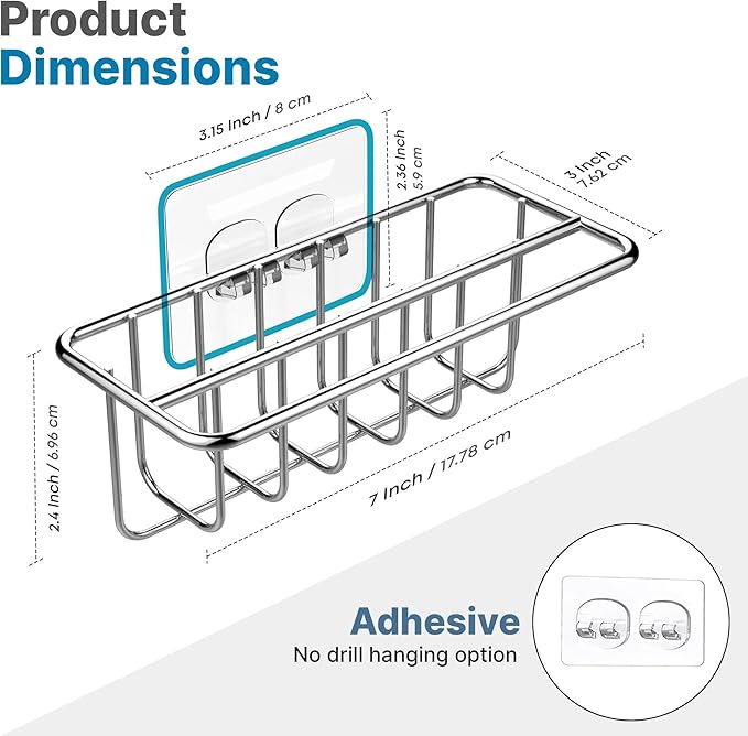 KESOL Adhesive Kitchen Sink Sponge Holder + Dish Cloth Hanger + Soap Holder, 2-in-1 Kitchen Sink Caddy, 304 Stainless Steel Rust Proof, Water Proof, No Drilling (Silver)