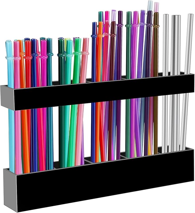 Malldii 9.5" Large Acrylic Straw Holder for Cabinet Door - Reusable Tumbler Straw Organizer Storage, Small Kitchen Accessories Container, Ultra Sticky Cupboard Door Mounted (Black)