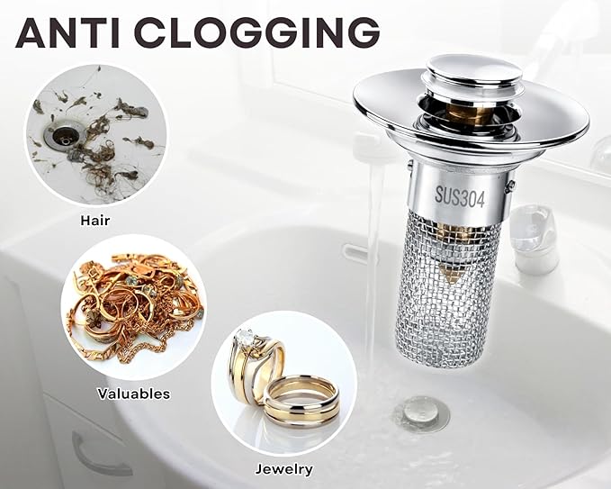 2Pcs Bathroom Sink Drain Strainer, 304 Stainless Steel Drain Filter, Pop Up Bathroom Sink Drain with Hair Catcher Fits 1 1/4" to 1 1/2" US Bathroom Sink Stopper Replacement