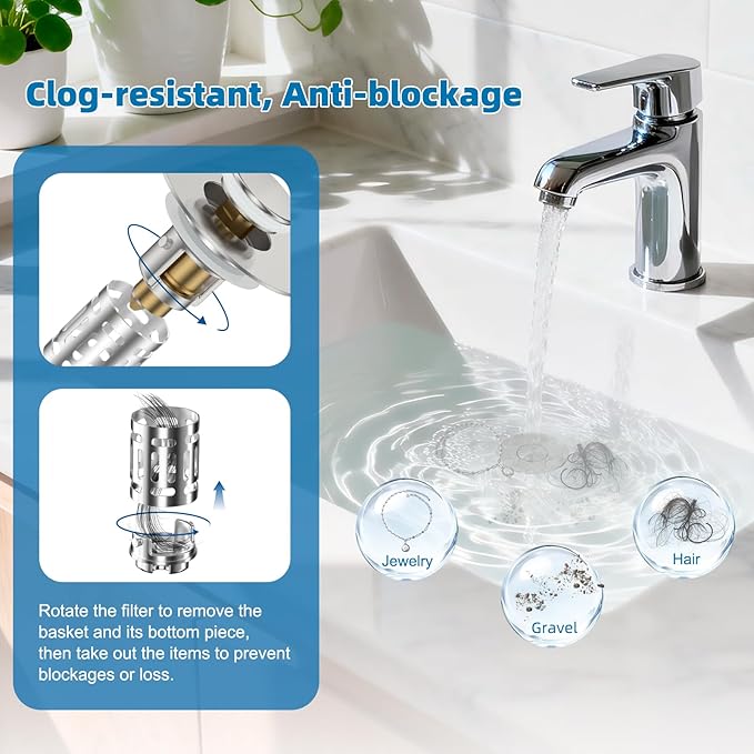 Hibbent Universal Bathroom Sink Drain Strainer, Upgraded 3 in 1 Pop Up Stopper, Removable Stainless Steel Filter Basket, Brass Bullet Core, Hair Catcher Sink Plug for 1.1''~2.36'' Hole, Brushed Nickel