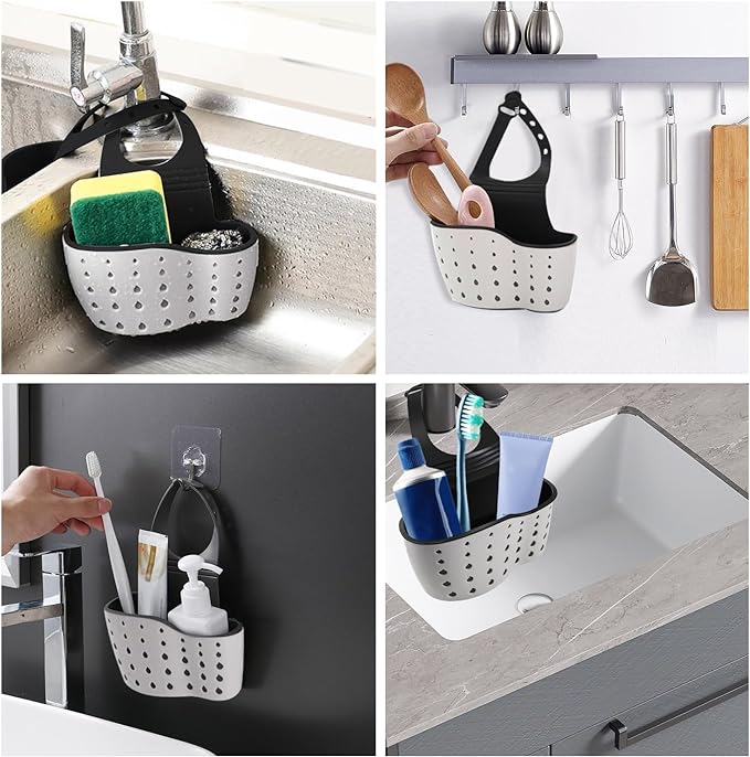 Kitchen Sink Caddy Sponge Holder for Kitchen Sink Accessories Organizer Dish Sponge Holder Ajustable Strap Faucet with Drain Holes for Drying (1 pc Beige)
