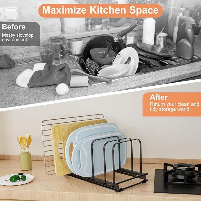 TEAMOLA Cutting Board Organizer, 2-Pack Baking Sheet Holder Rack - Metal Adjustable Bakeware Organizer Holder for Pot Pan Lids Divider Kitchen Cabinet Countertop Organization Storage Choice