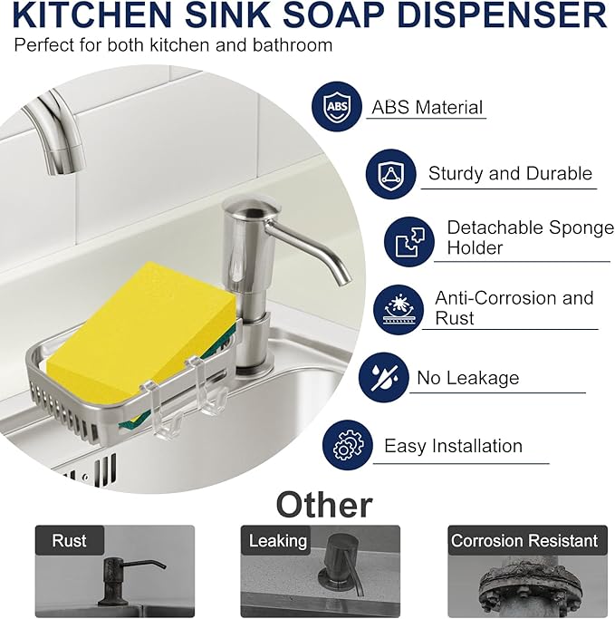 Soap Dispenser for Kitchen Sink, Built in Sink Soap Dispenser Pump with Sponge Holder, Brushed Nickel ABS Sink Dish Soap Dispensers Under Counter, with 39" Extension Tube Kit,No Refill Needed