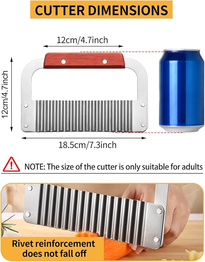 Crinkle Cutter Stainless Steel Potato Slicer Heavy Duty Wavy Crinkle Cutting Chopping Tools with Wooden Handle for Carrot Veggies