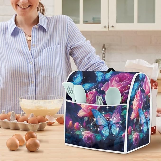 Rose Butterfly Mixer Cover | Compatible with 6-8 Quart Tilt Head & Bowl Lift Mixers | Dust Protector with Pockets for Accessories