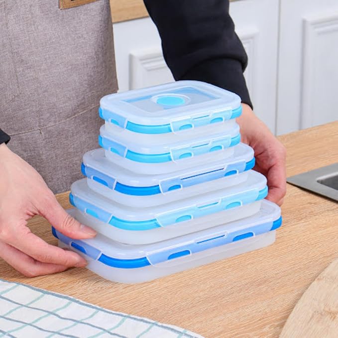 ECOBERI Collapsible Food Storage Containers, Silicone 5 Piece Set, 12/17/27/40 oz, BPA-Free Meal Prep Containers with Airtight Lids, Space-Saving, Freezer and Dishwasher Safe