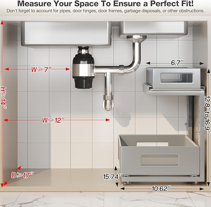 2 Pack 15.74IN-Depth Under Sink Organizer With Next-Gen Ball-Bearing Slides,2-Tier Pull Out Cabinet Storage,Height Adjustable Drawer Shelf for Bathroom,Kitchen,Laundry,Cabinet,Pantry-Gun Gray