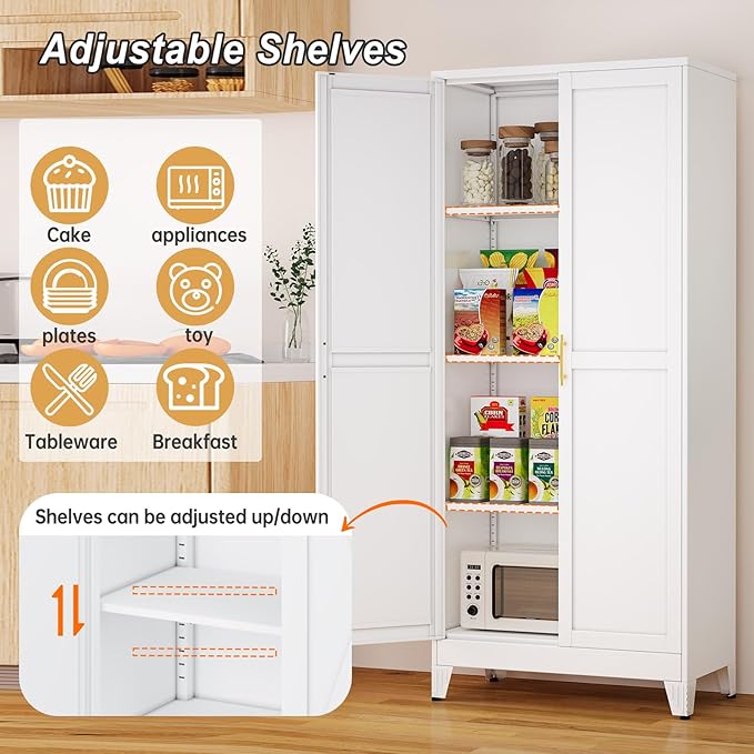 Winiowa Metal Pantry Cabinet with 2 Doors and Adjustable Shelves - 61" Kitchen Storage Cabinet with Gold Handles - Versatile Storage for Kitchen, Bathroom, Dining Room, Utility Room - White